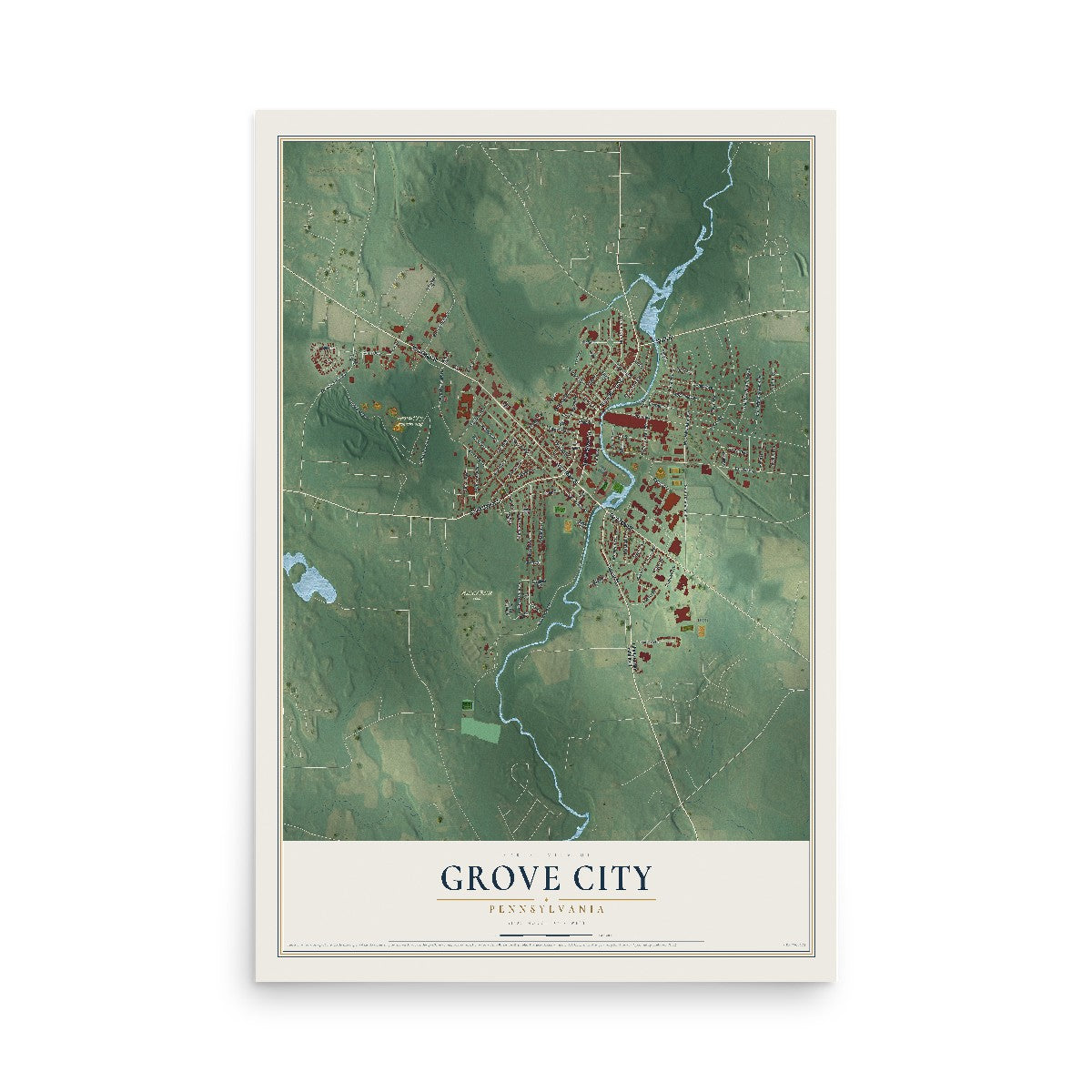 Map of Grove City, Pennsylvania, 12 x 18 inch unframed archival matte print