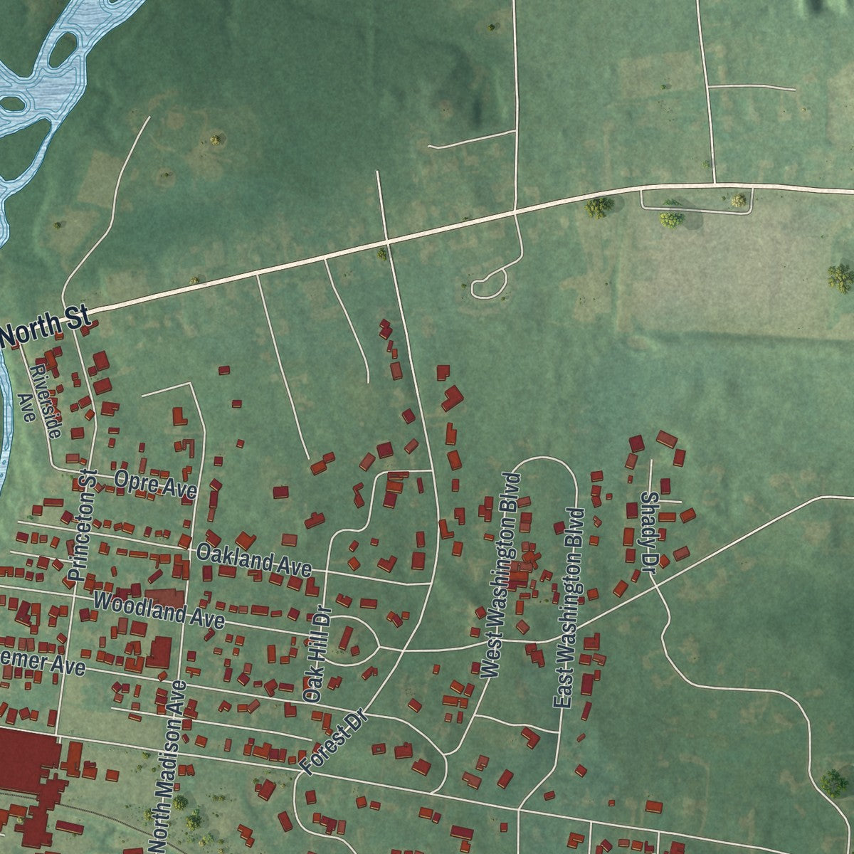 Second close-up of the map of Grove City, Pennsylvania print showing more streets and buildings