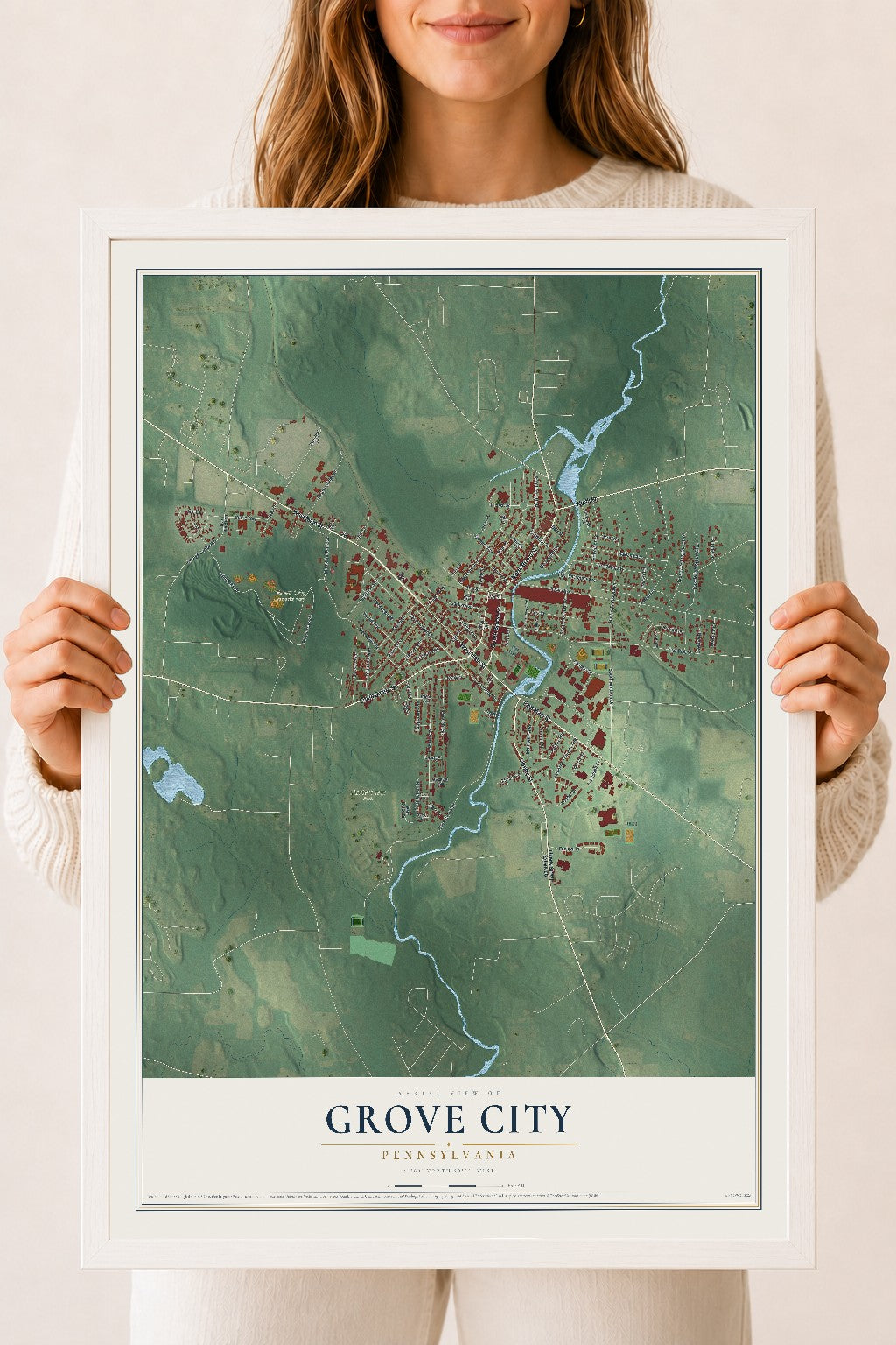 Map of Grove City, Pennsylvania, 18 x 24 inch print in a white wood frame