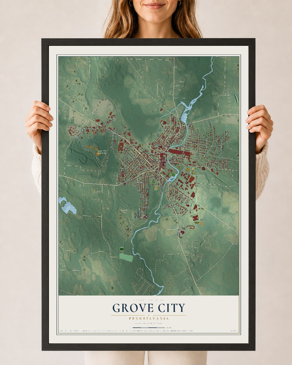 Map of Grove City, Pennsylvania, 24 x 36 inch print in a black wood frame