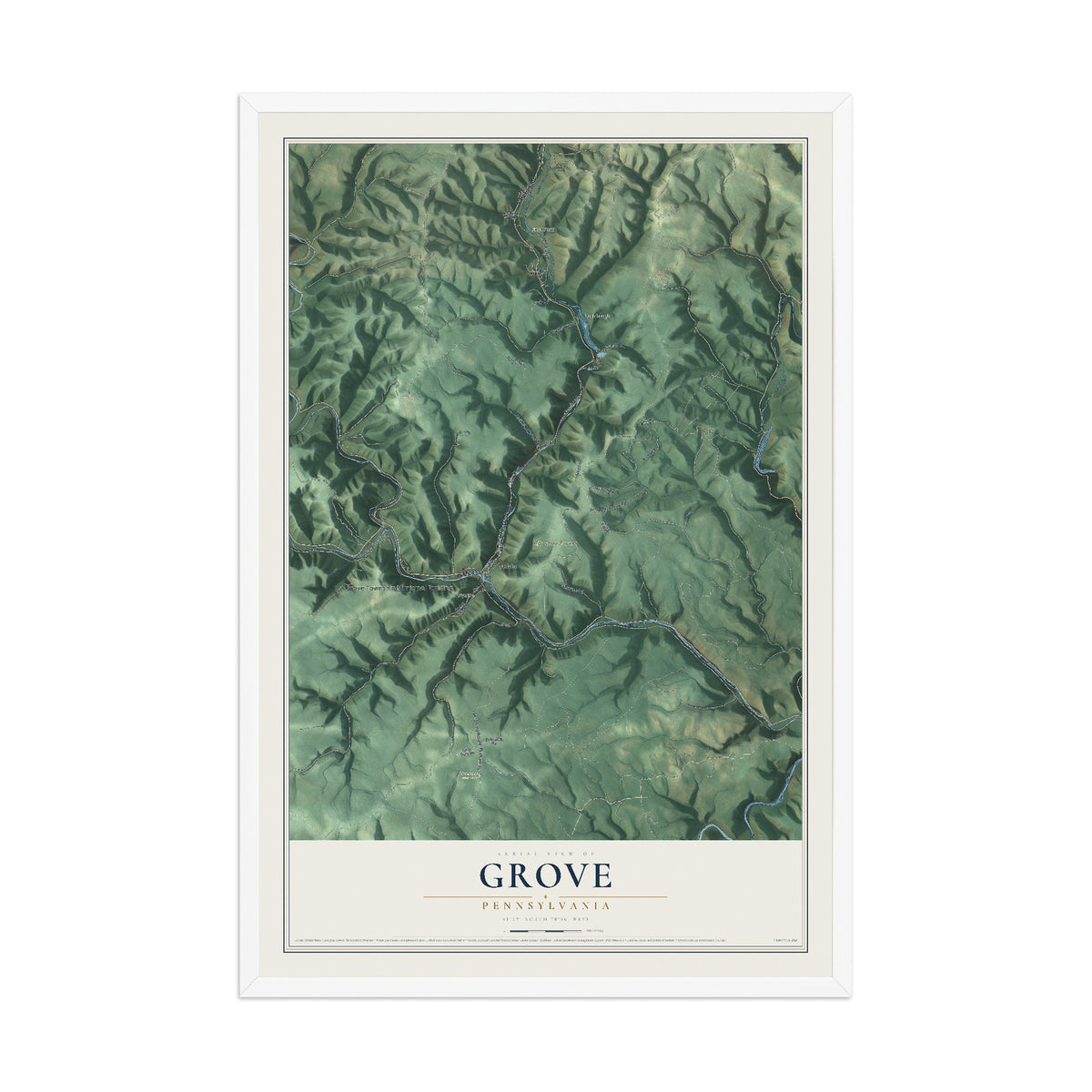 Map of Grove, Pennsylvania, 12 x 18 inch print in a white wood frame