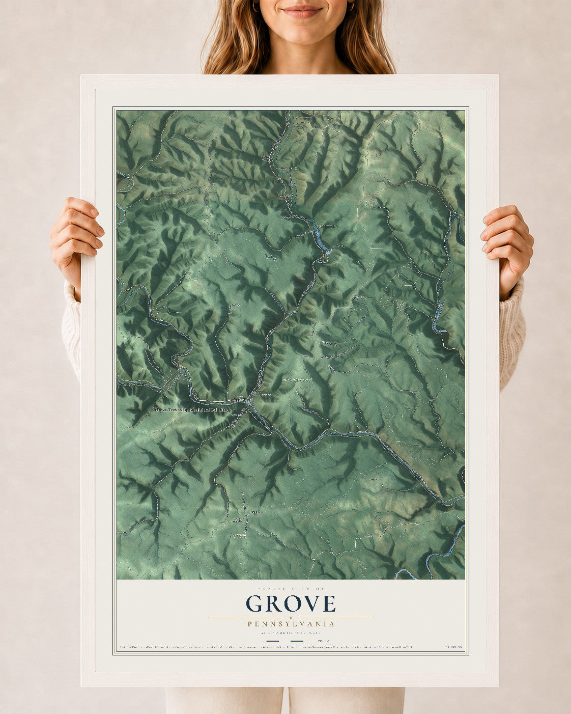 Map of Grove, Pennsylvania, 24 x 36 inch print in a white wood frame