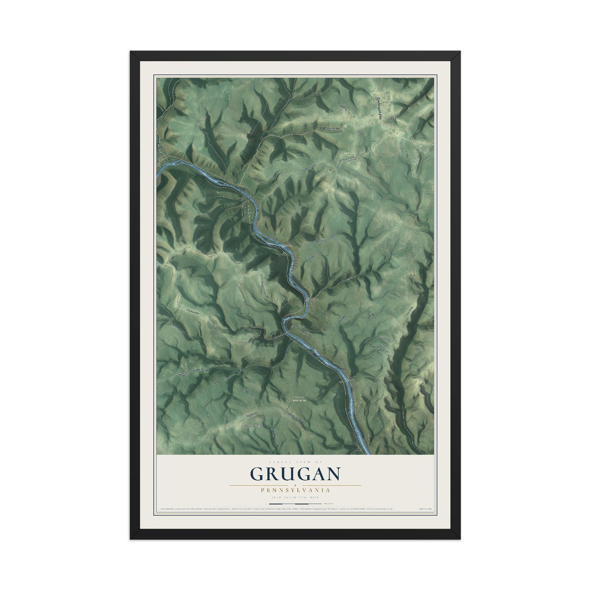 Map of Grugan, Pennsylvania, 12 x 18 inch print in a black wood frame