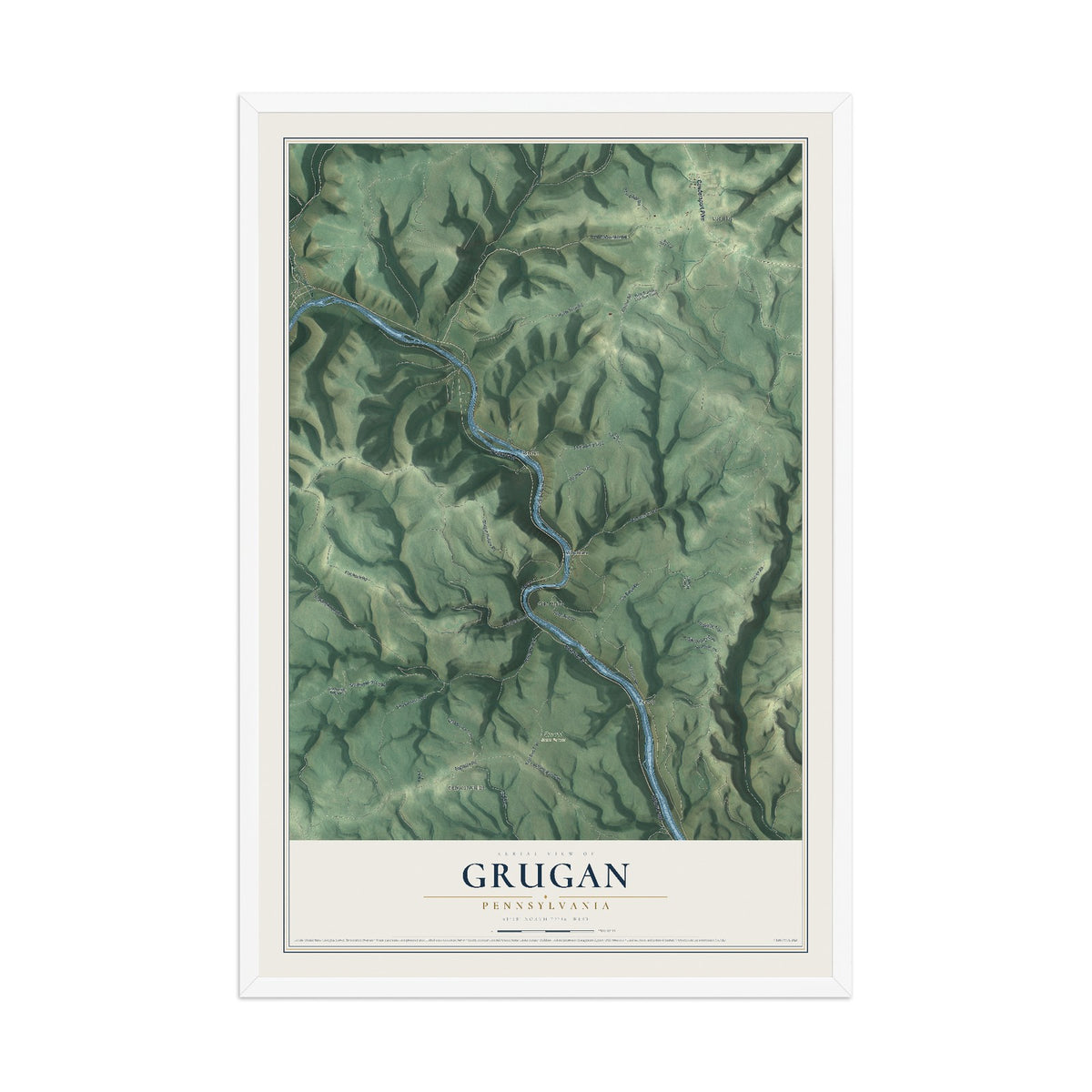 Map of Grugan, Pennsylvania, 12 x 18 inch print in a white wood frame