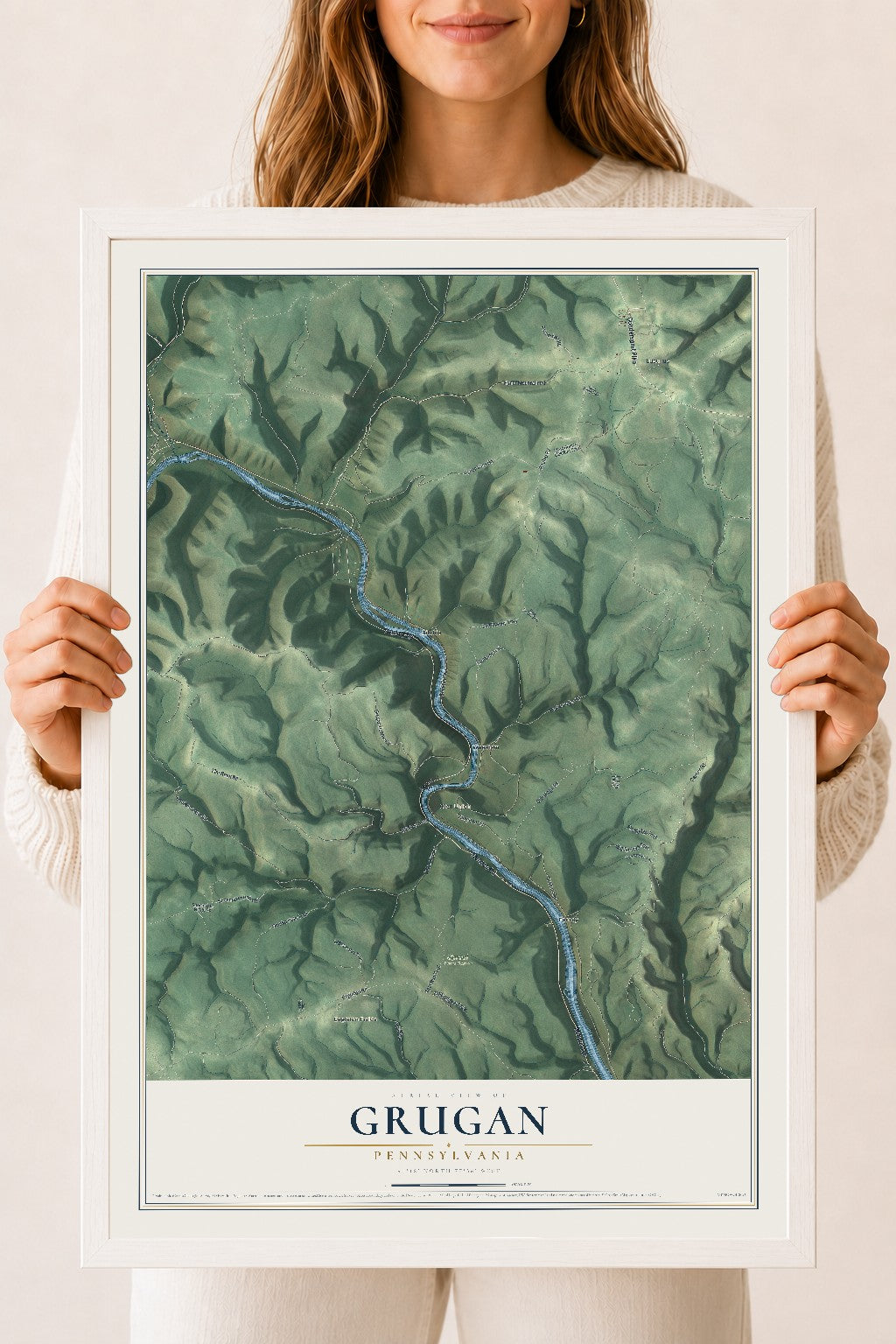 Map of Grugan, Pennsylvania, 18 x 24 inch print in a white wood frame