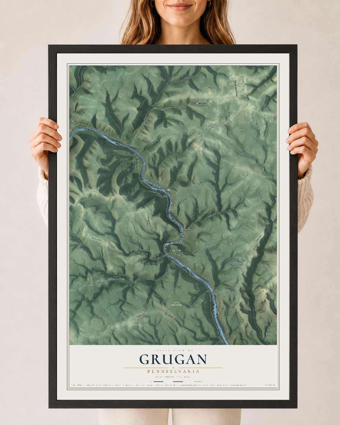 Map of Grugan, Pennsylvania, 24 x 36 inch print in a black wood frame
