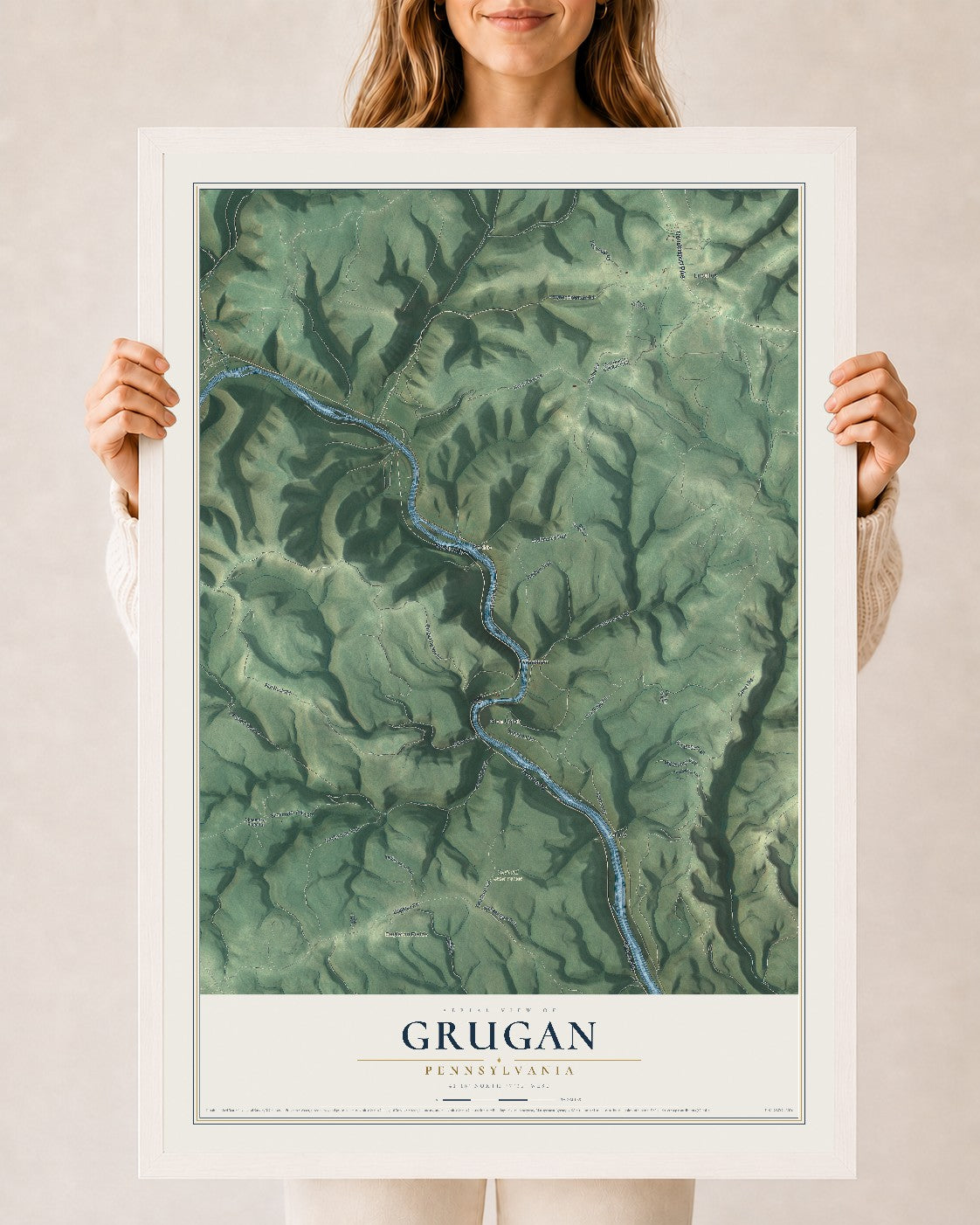 Map of Grugan, Pennsylvania, 24 x 36 inch print in a white wood frame