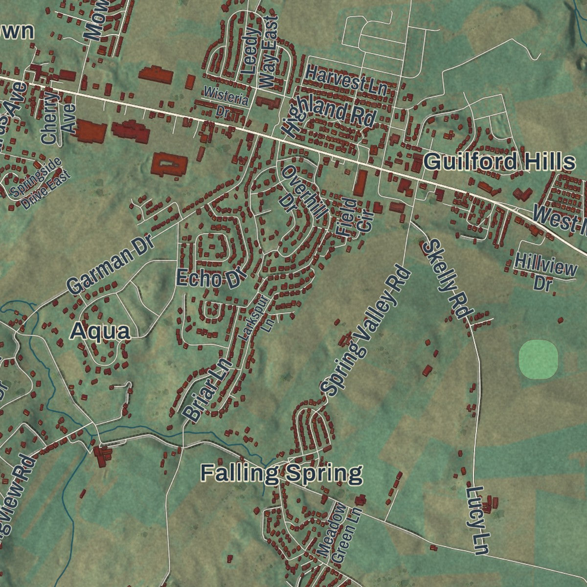 Close-up of the map of Guilford, Pennsylvania print showing street and building detail