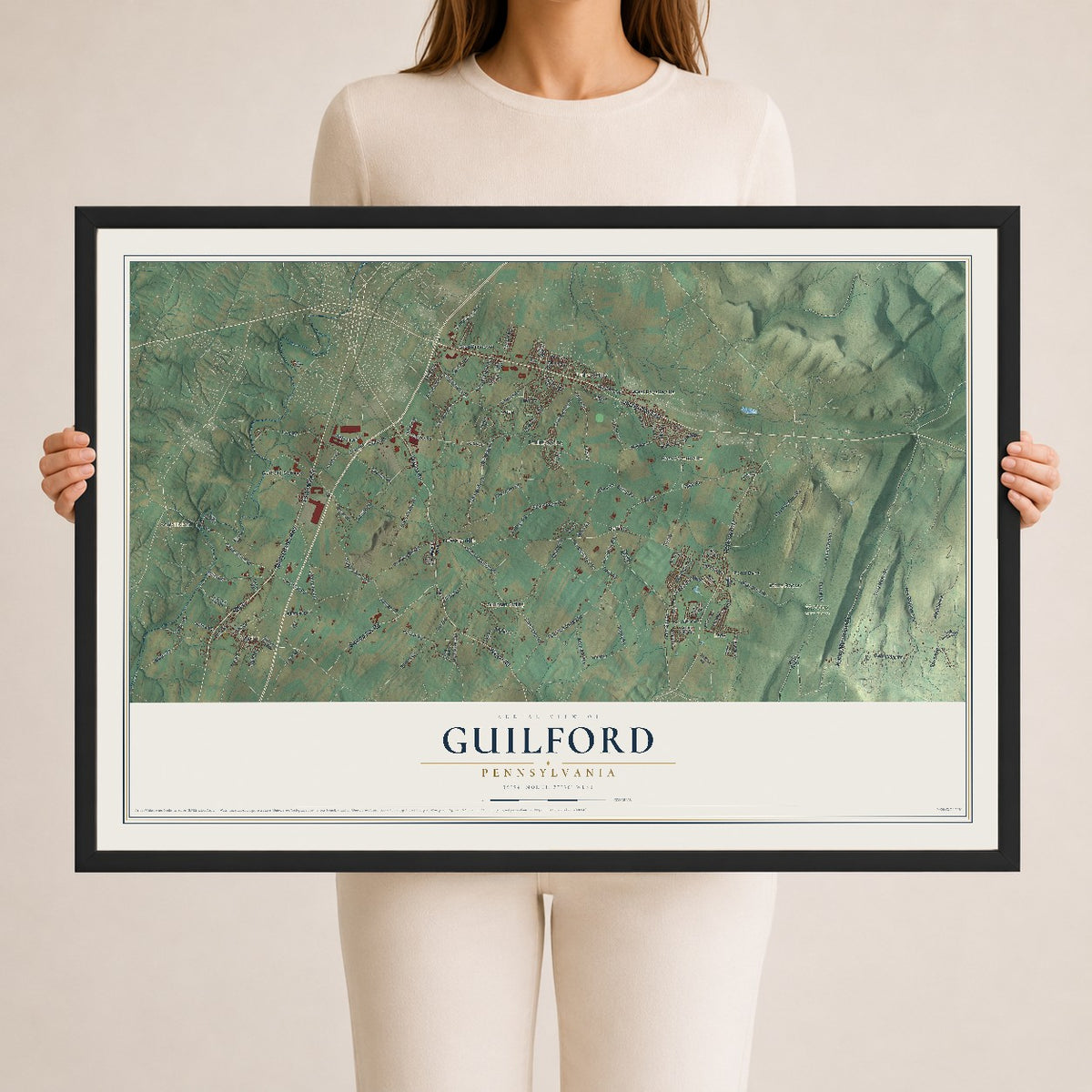 Map of Guilford, Pennsylvania, 24 x 36 inch print in a black wood frame