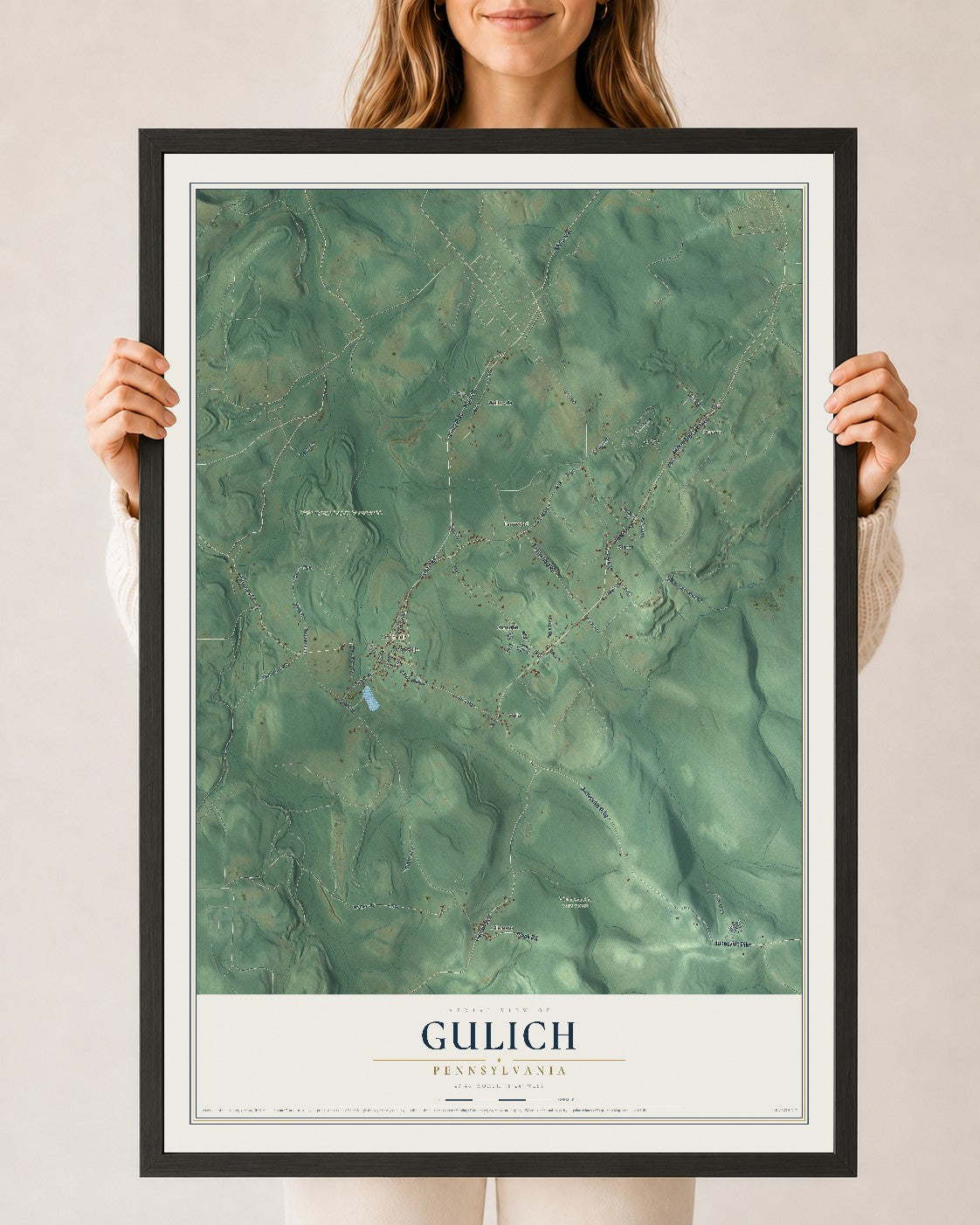 Map of Gulich, Pennsylvania, 24 x 36 inch print in a black wood frame