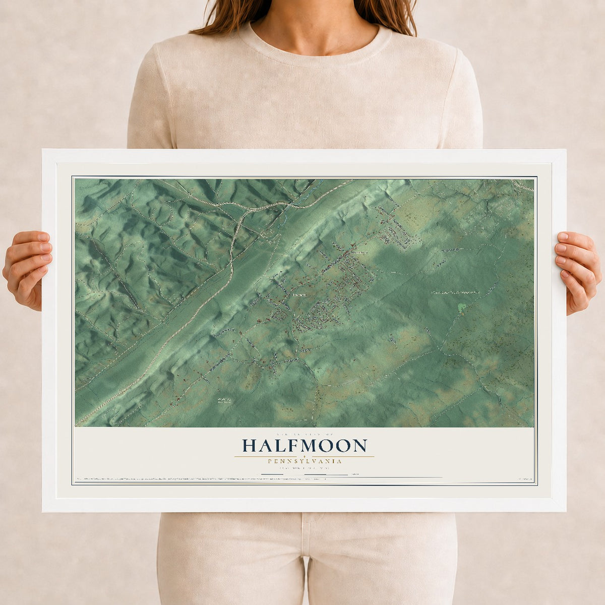 Map of Halfmoon, Pennsylvania, 12 x 18 inch print in a white wood frame