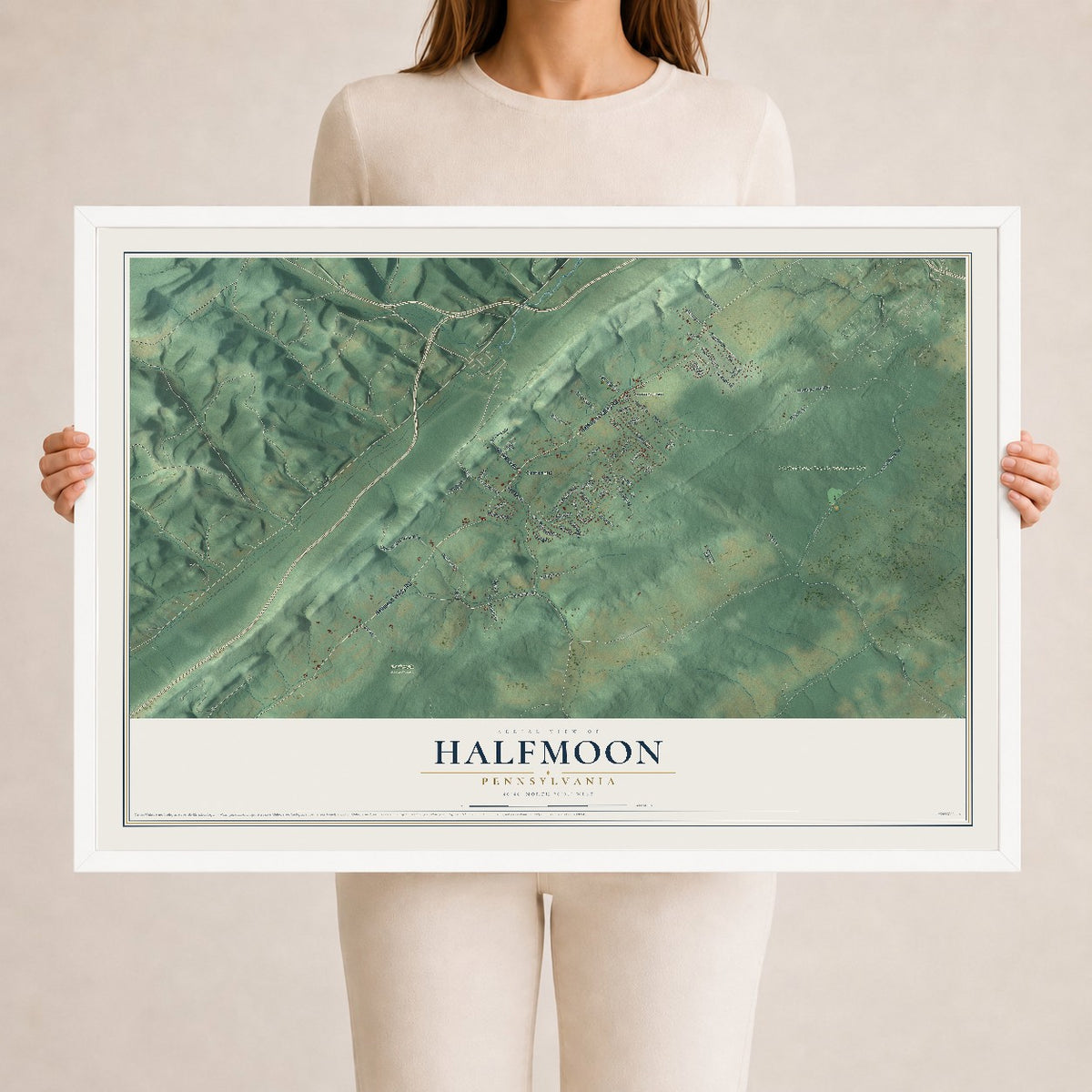 Map of Halfmoon, Pennsylvania, 24 x 36 inch print in a white wood frame