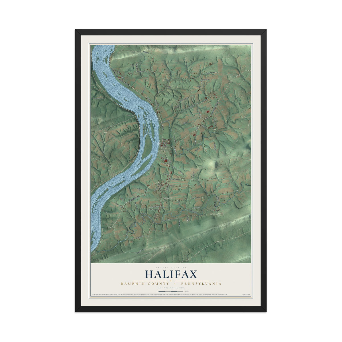 Map of Halifax, Dauphin County, Pennsylvania, 12 x 18 inch print in a black wood frame