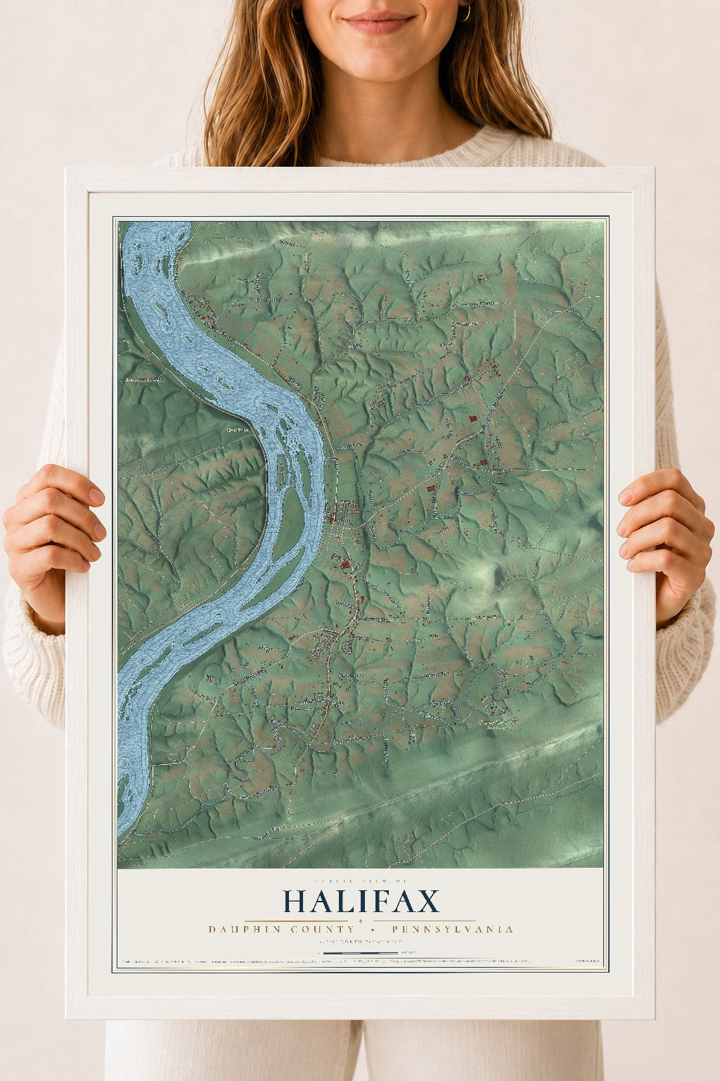Map of Halifax, Dauphin County, Pennsylvania, 18 x 24 inch print in a white wood frame