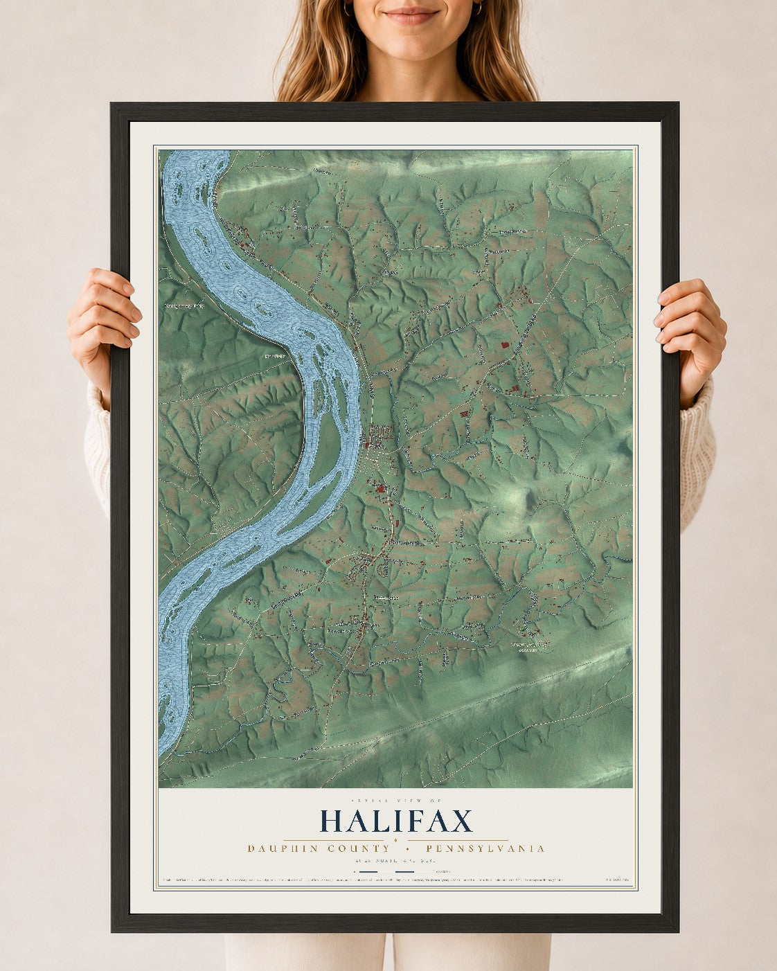 Map of Halifax, Dauphin County, Pennsylvania, 24 x 36 inch print in a black wood frame