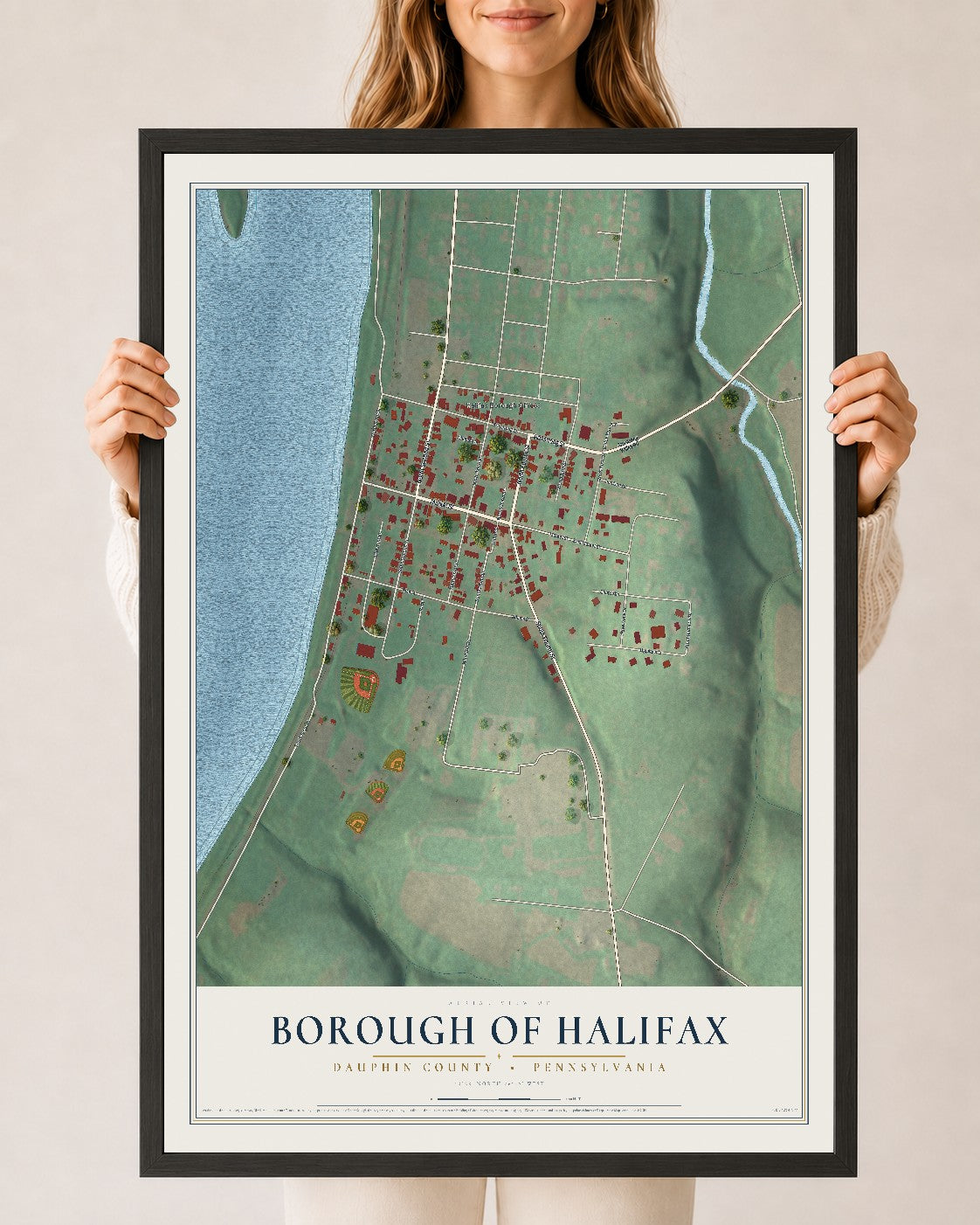 Map of the Borough of Halifax, Dauphin County, Pennsylvania, 24 x 36 inch print in a black wood frame