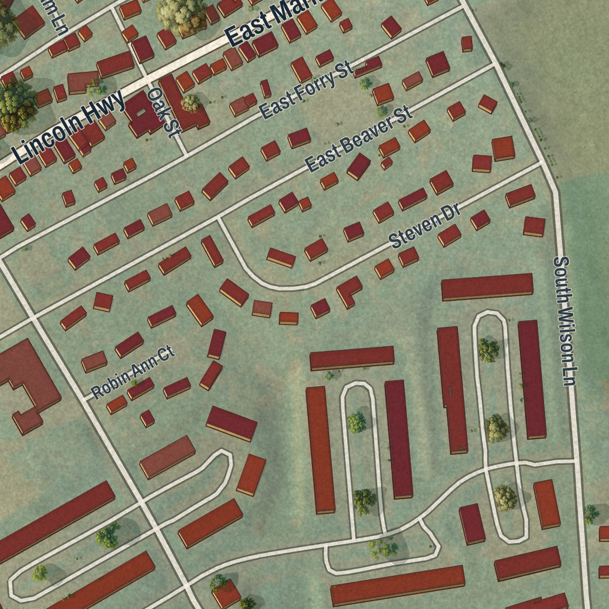 Close-up of the map of Hallam, Pennsylvania print showing street and building detail