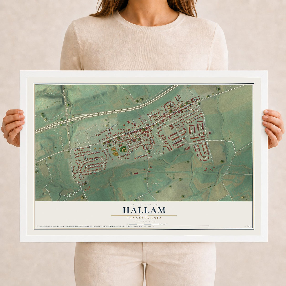 Map of Hallam, Pennsylvania, 12 x 18 inch print in a white wood frame