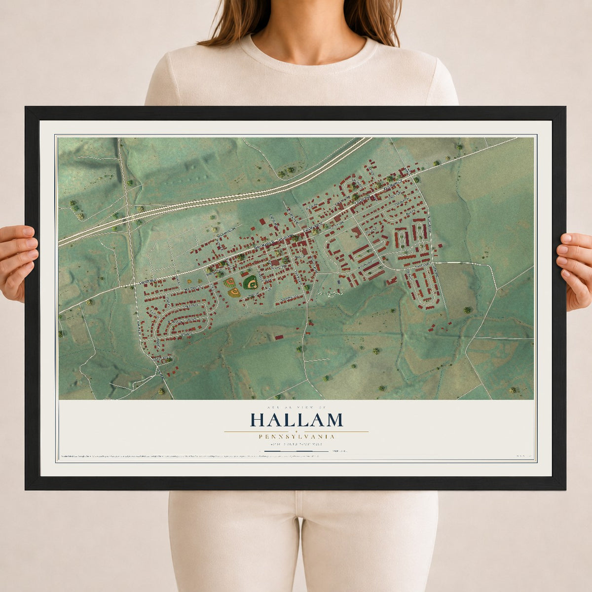 Map of Hallam, Pennsylvania, 18 x 24 inch print in a black wood frame