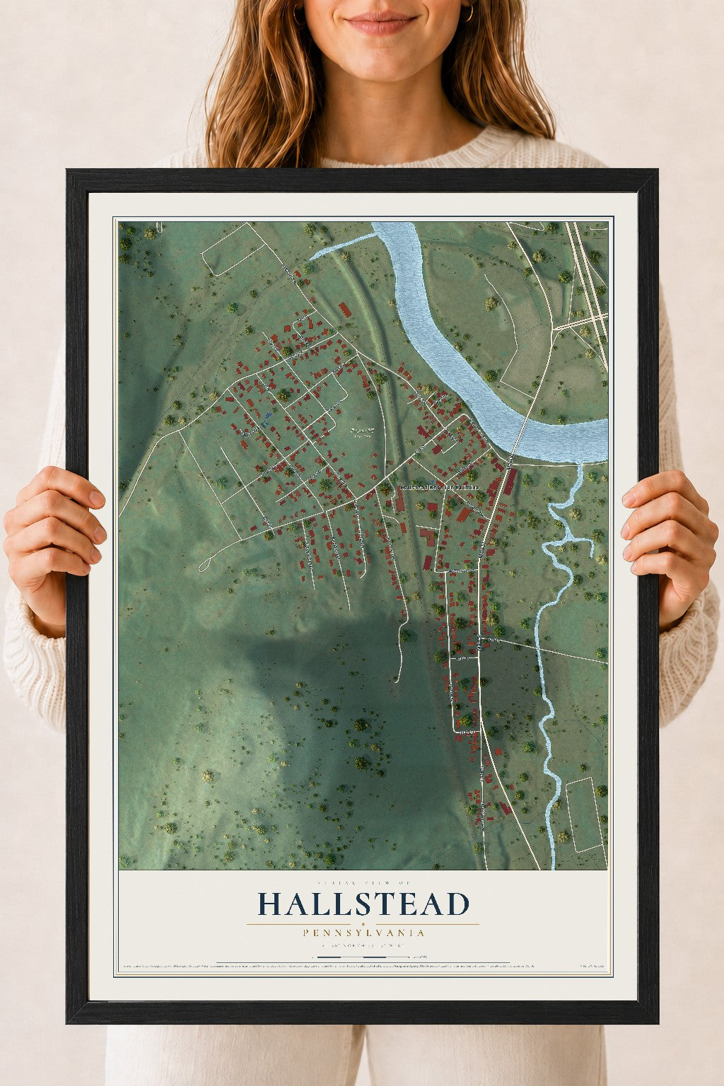 Map of Hallstead, Pennsylvania, 18 x 24 inch print in a black wood frame
