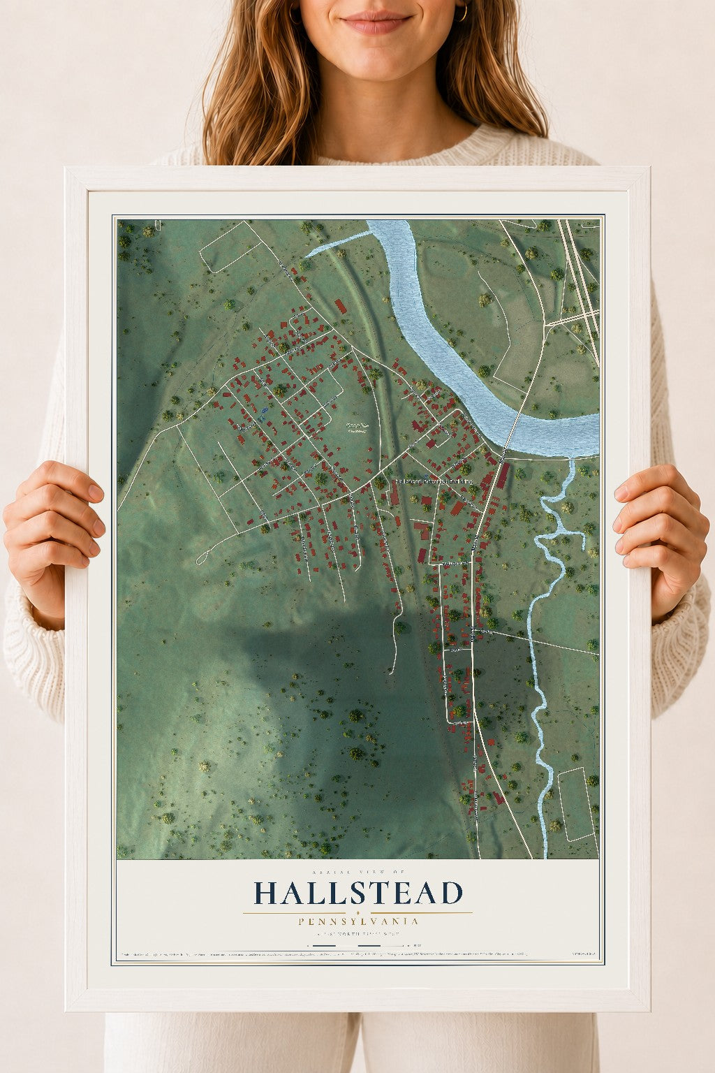 Map of Hallstead, Pennsylvania, 18 x 24 inch print in a white wood frame