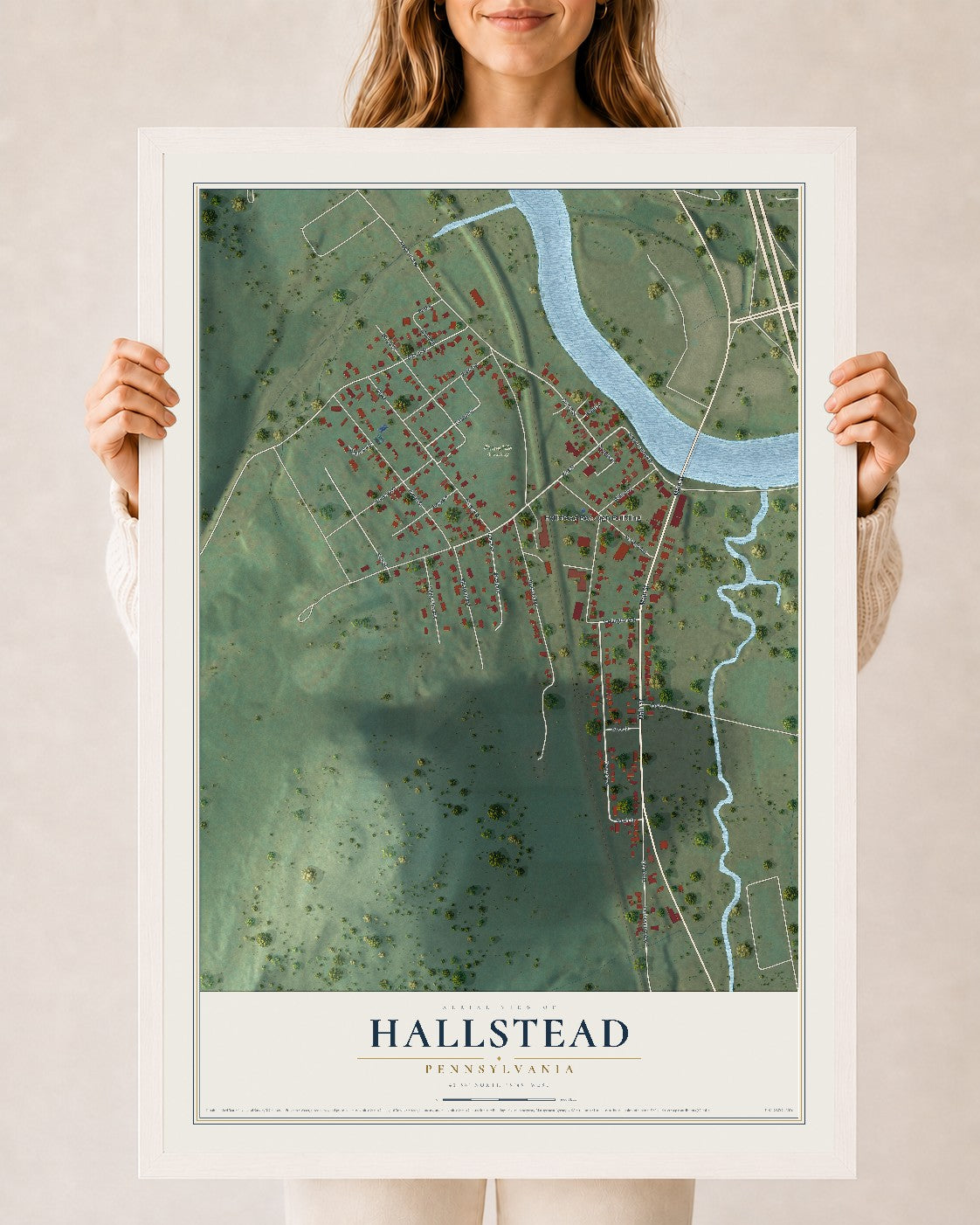 Map of Hallstead, Pennsylvania, 24 x 36 inch print in a white wood frame