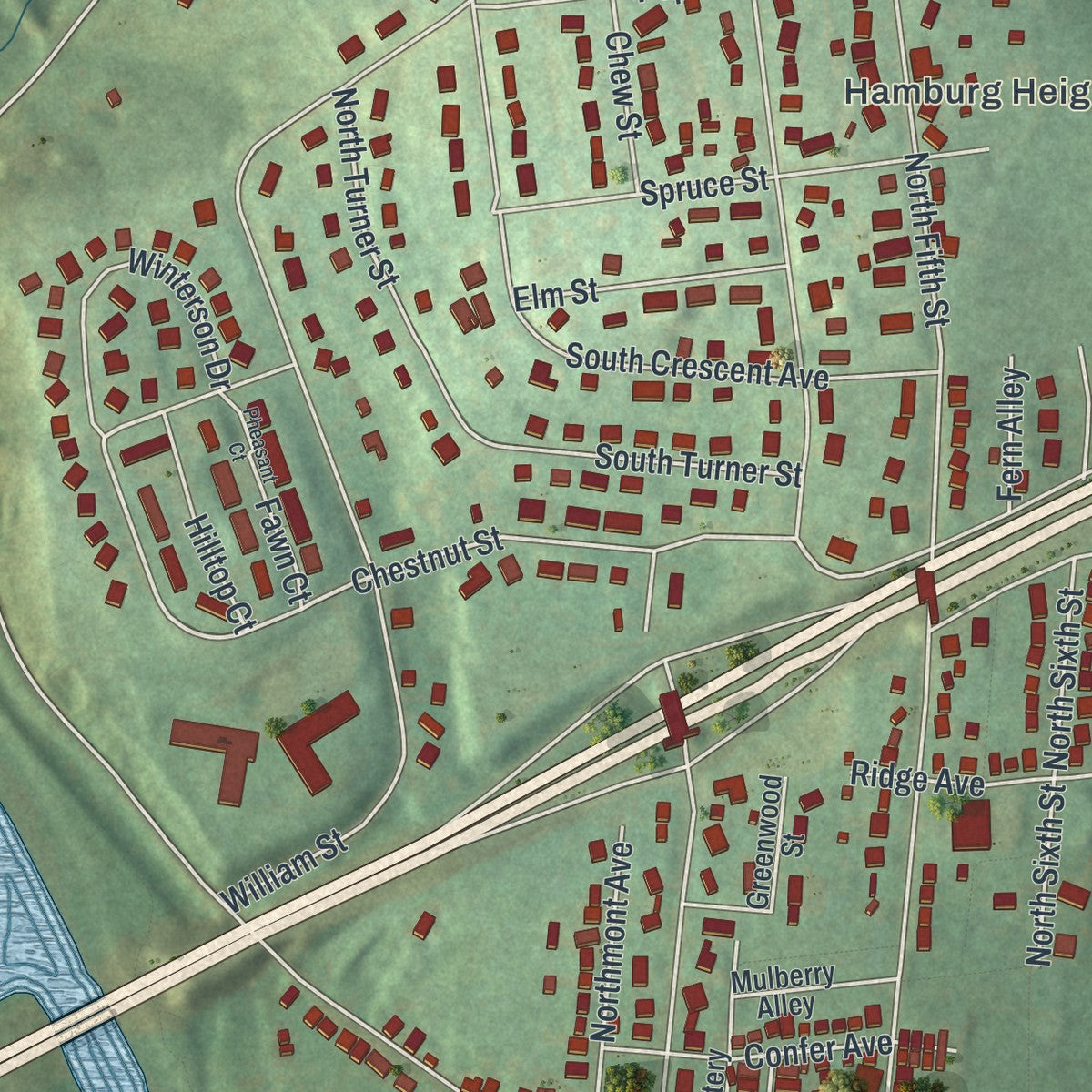 Close-up of the map of Hamburg, Pennsylvania print showing street and building detail