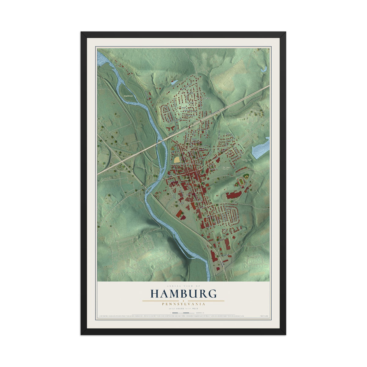 Map of Hamburg, Pennsylvania, 12 x 18 inch print in a black wood frame