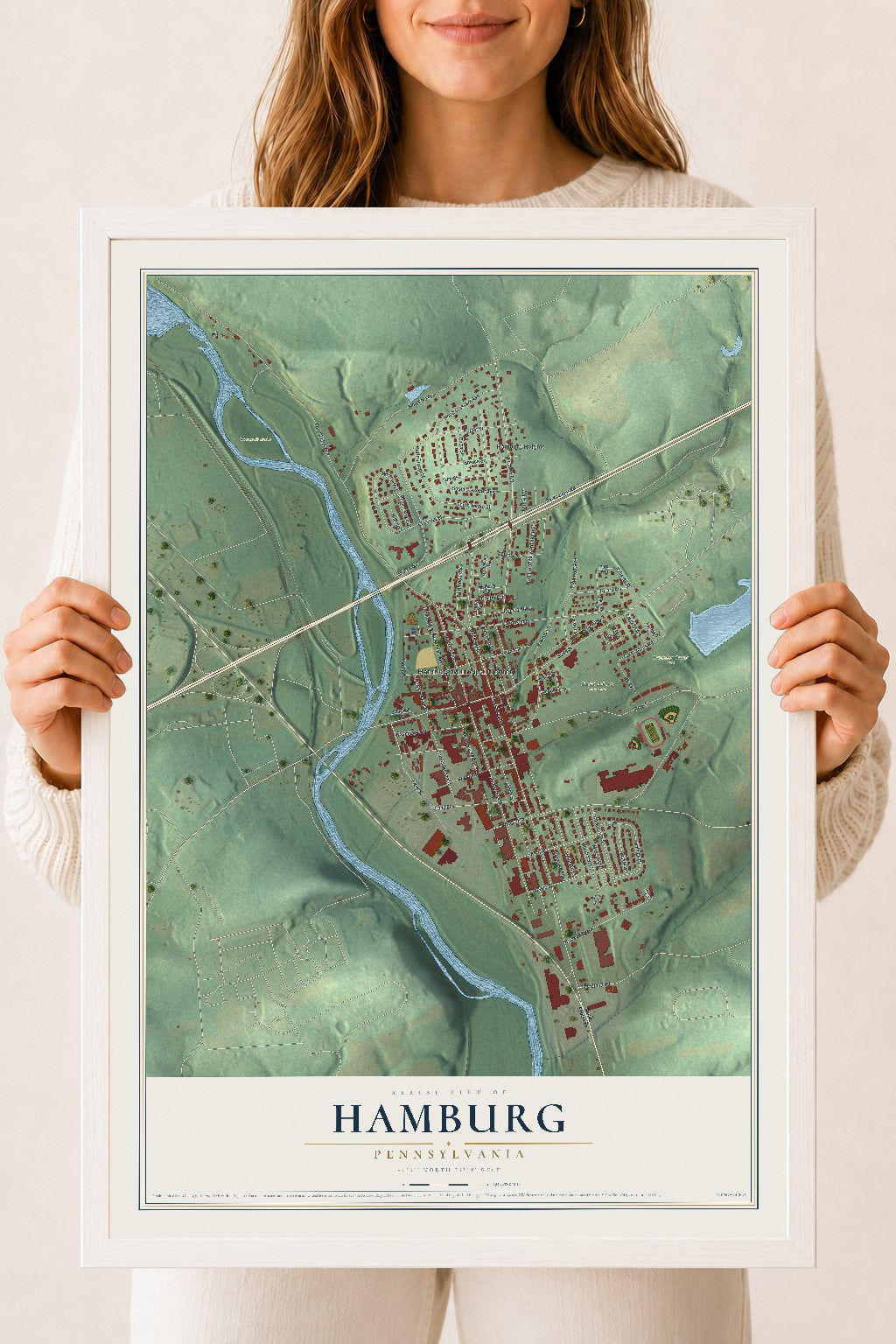 Map of Hamburg, Pennsylvania, 18 x 24 inch print in a white wood frame