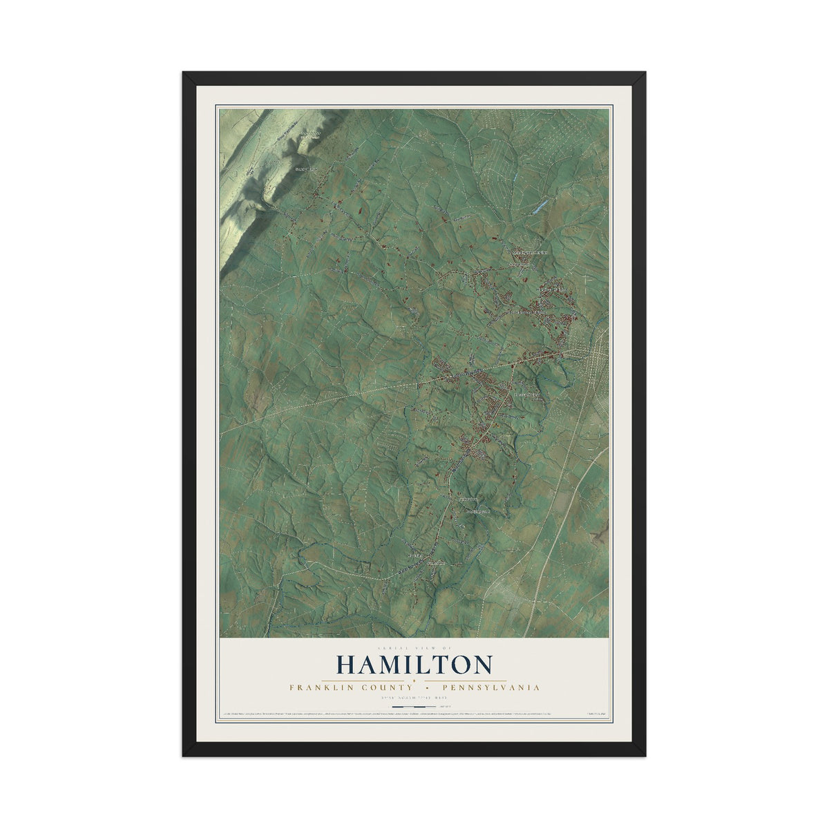 Map of Hamilton, Franklin County, Pennsylvania, 12 x 18 inch print in a black wood frame