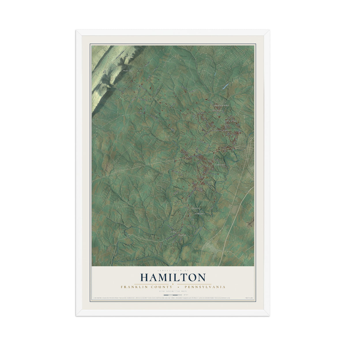 Map of Hamilton, Franklin County, Pennsylvania, 12 x 18 inch print in a white wood frame