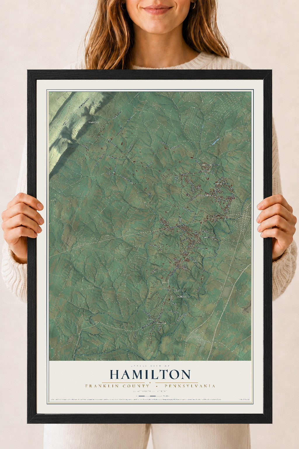 Map of Hamilton, Franklin County, Pennsylvania, 18 x 24 inch print in a black wood frame