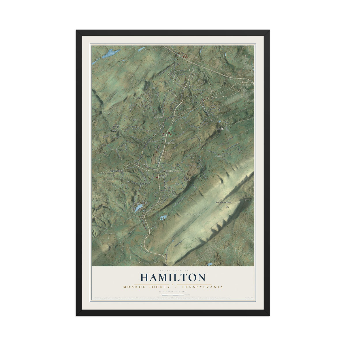 Map of Hamilton, Monroe County, Pennsylvania, 12 x 18 inch print in a black wood frame