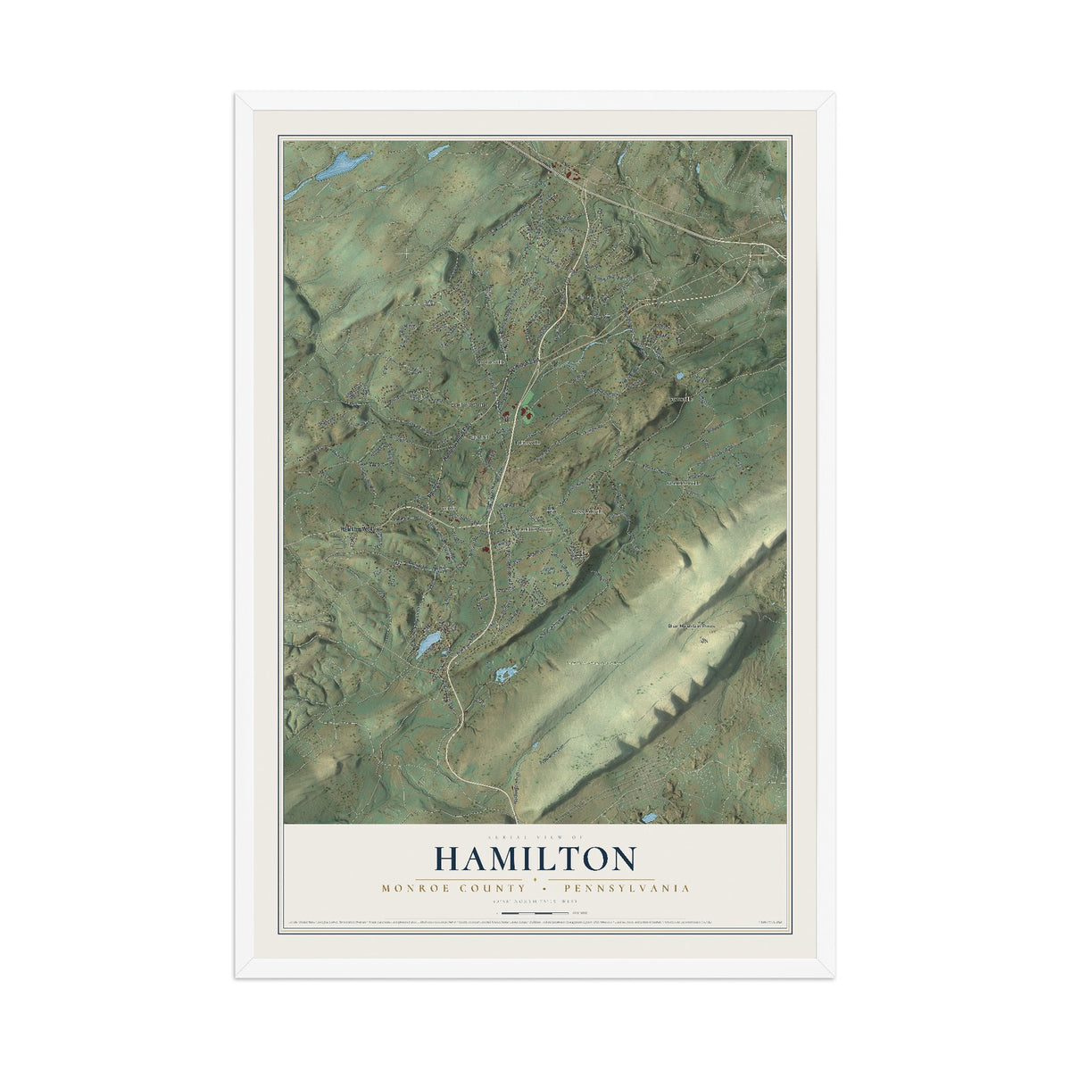 Map of Hamilton, Monroe County, Pennsylvania, 12 x 18 inch print in a white wood frame
