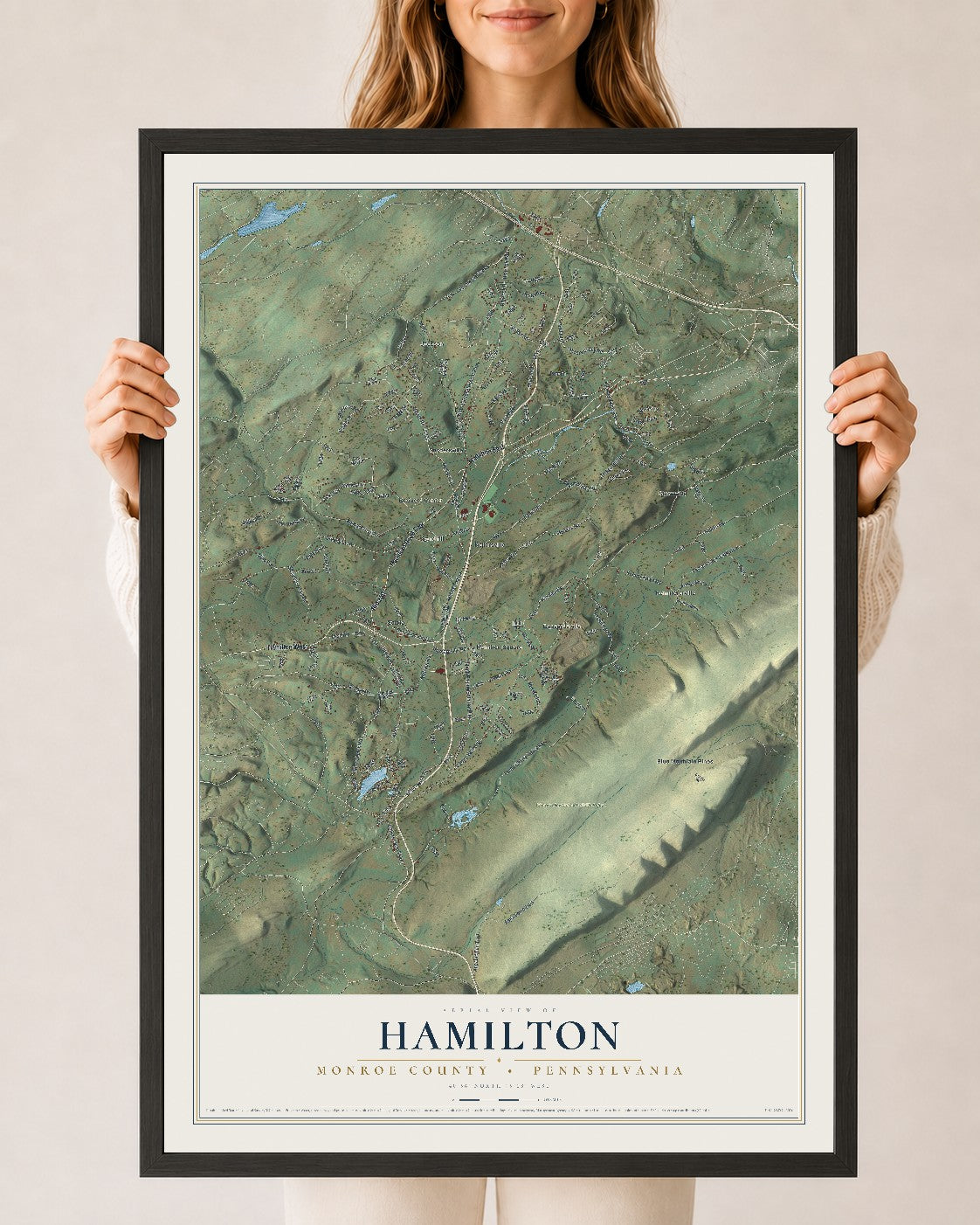 Map of Hamilton, Monroe County, Pennsylvania, 24 x 36 inch print in a black wood frame
