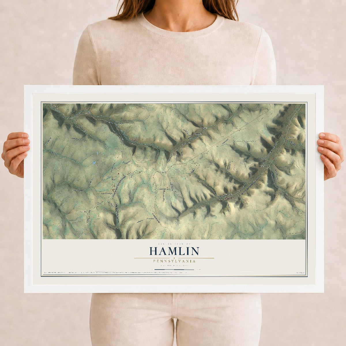 Map of Hamlin, Pennsylvania, 12 x 18 inch print in a white wood frame
