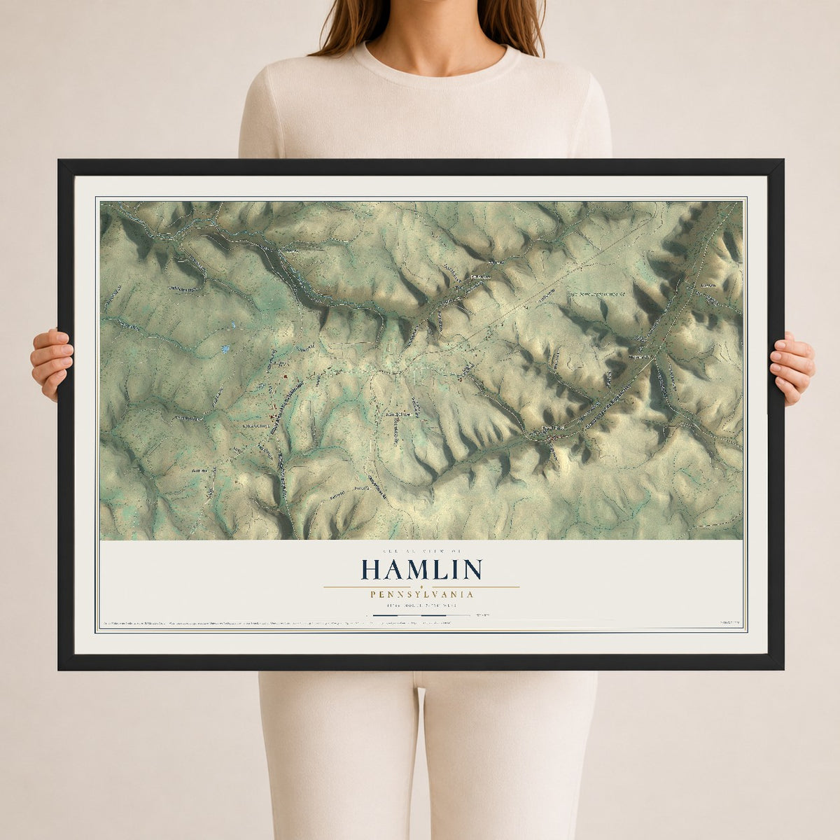 Map of Hamlin, Pennsylvania, 24 x 36 inch print in a black wood frame