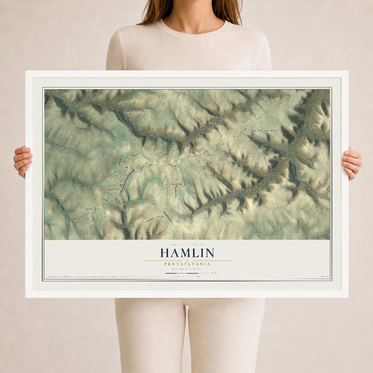 Map of Hamlin, Pennsylvania, 24 x 36 inch print in a white wood frame
