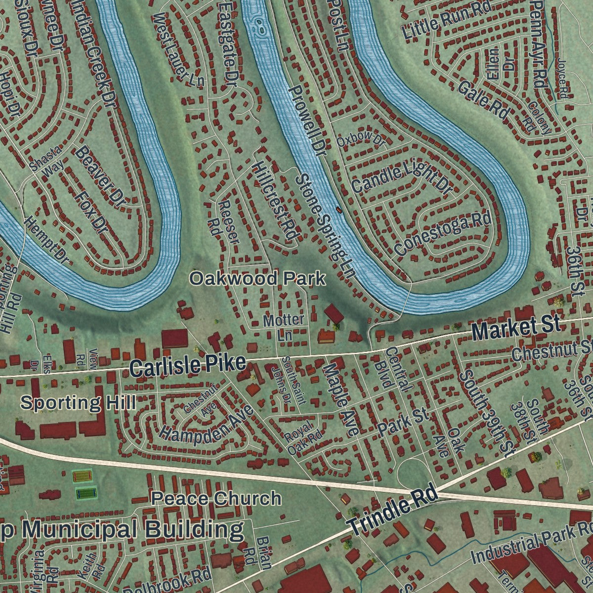 Close-up of the map of Hampden, Pennsylvania print showing street and building detail