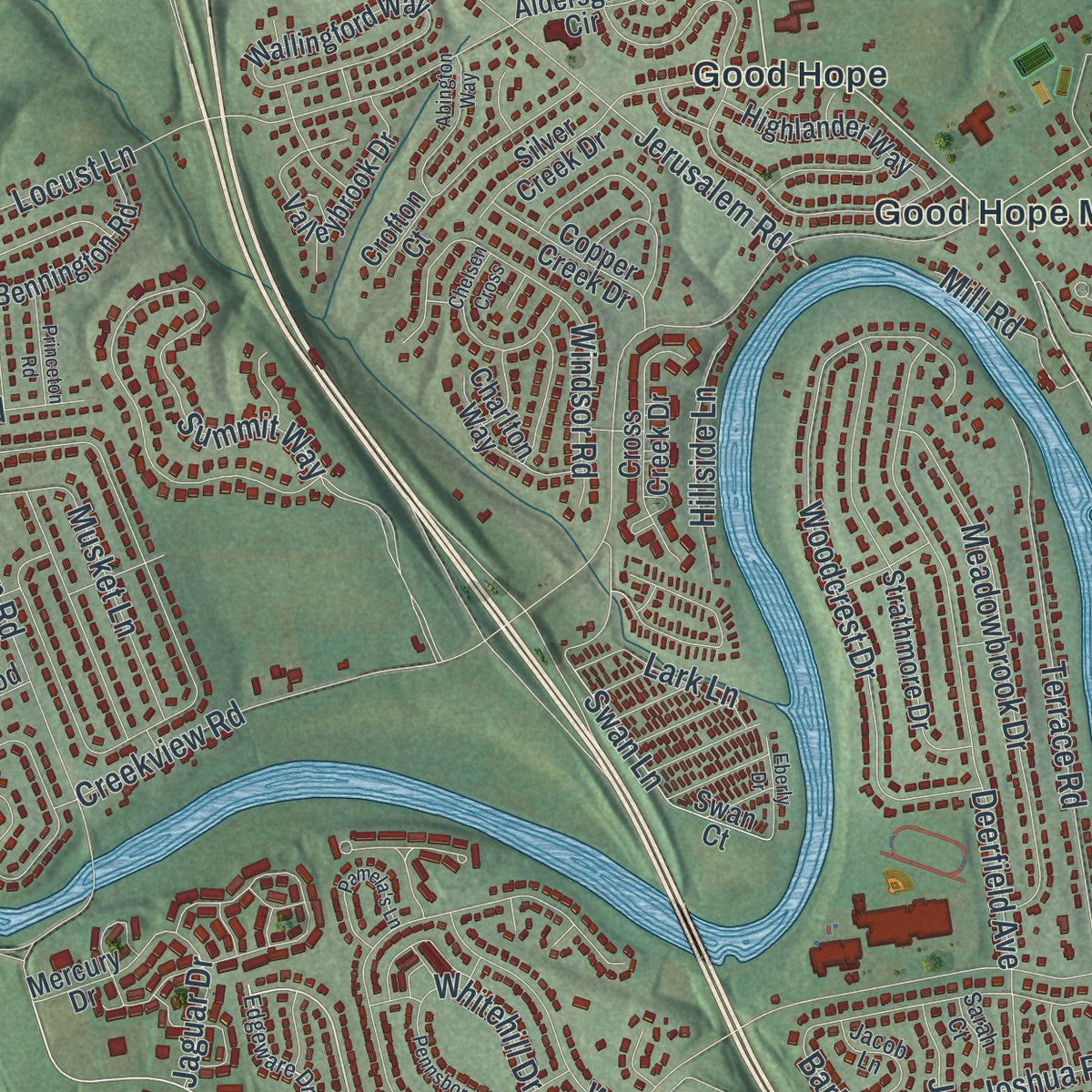 Second close-up of the map of Hampden, Pennsylvania print showing more streets and buildings
