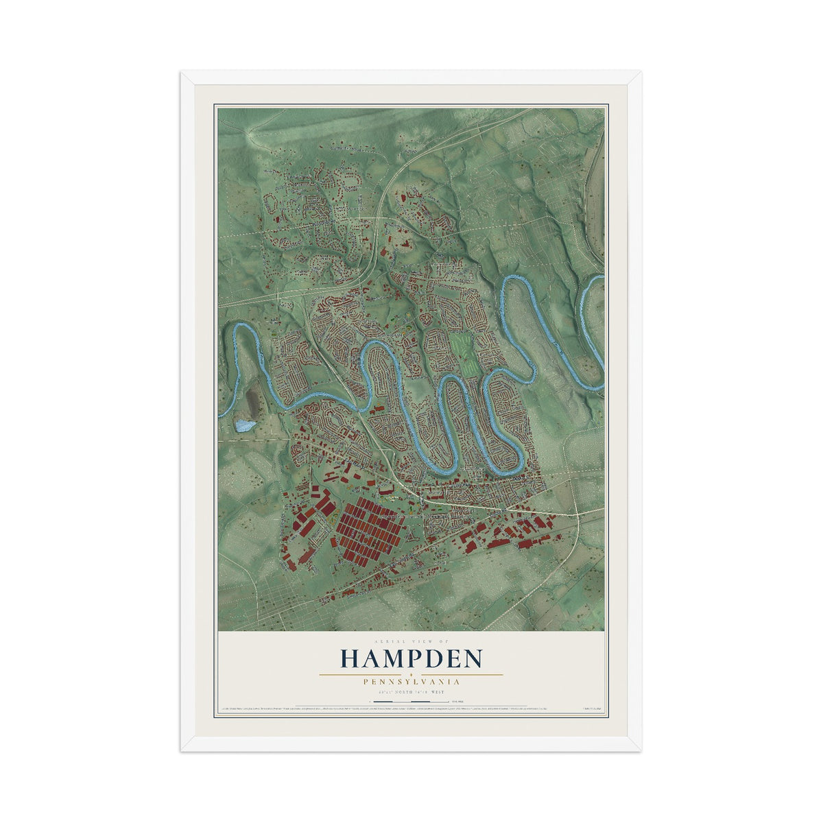Map of Hampden, Pennsylvania, 12 x 18 inch print in a white wood frame