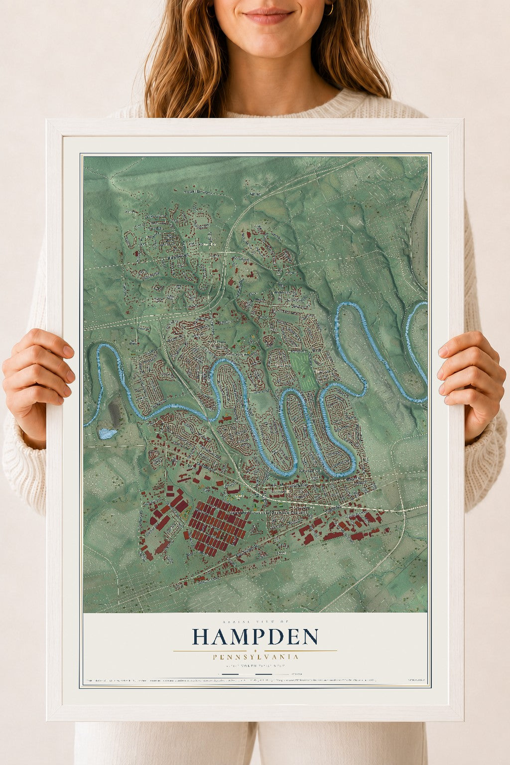 Map of Hampden, Pennsylvania, 18 x 24 inch print in a white wood frame