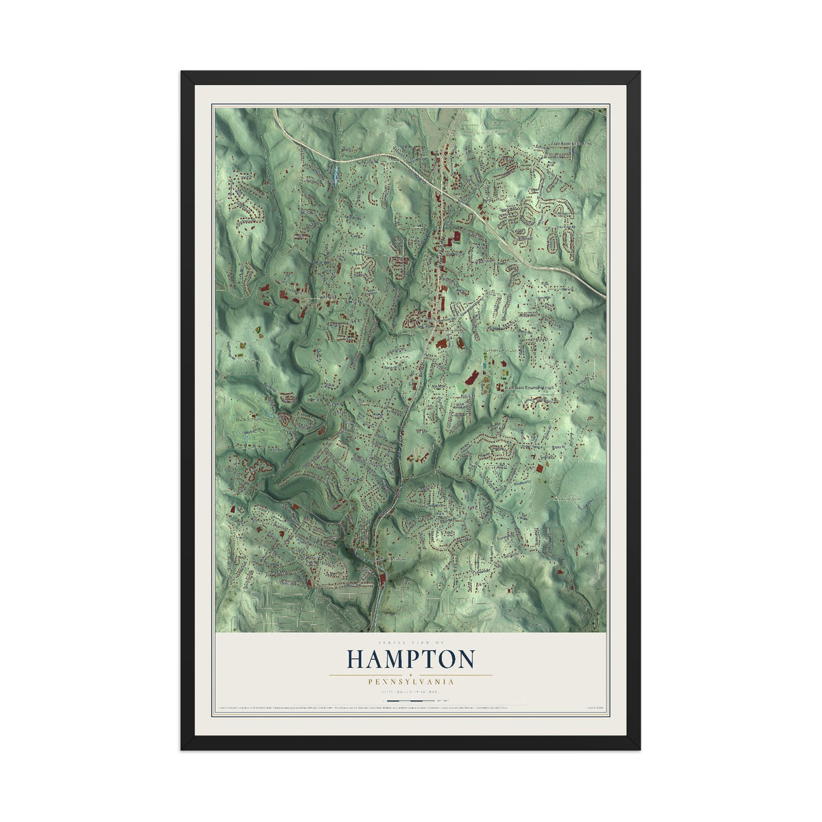 Map of Hampton, Pennsylvania, 12 x 18 inch print in a black wood frame