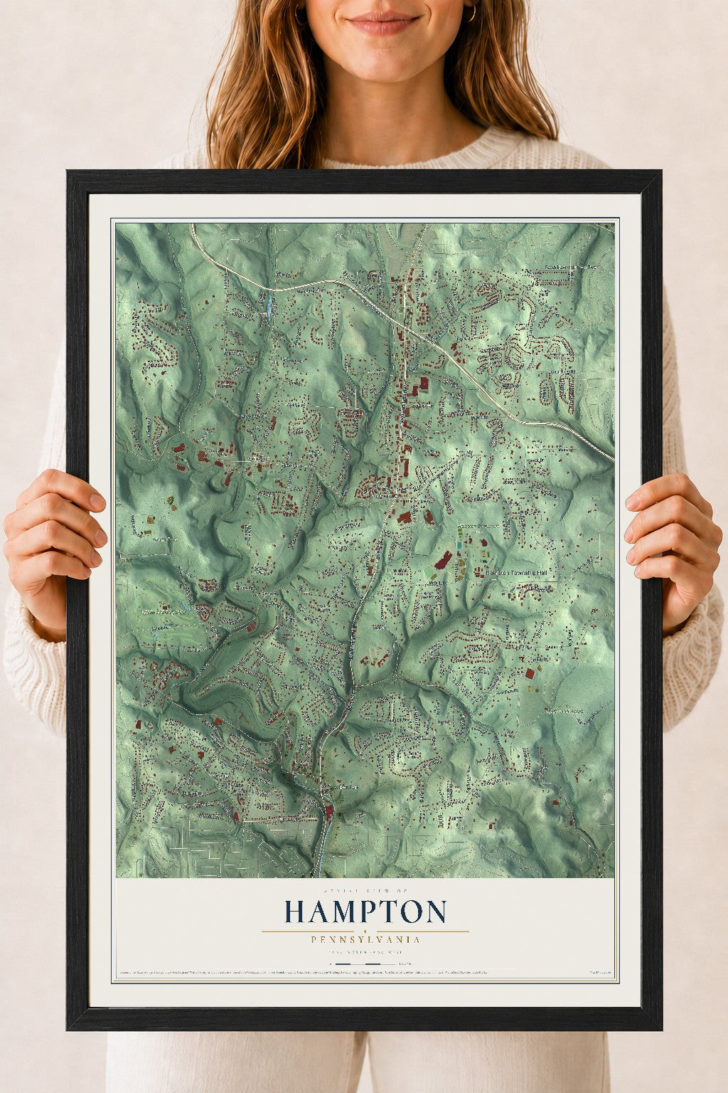 Map of Hampton, Pennsylvania, 18 x 24 inch print in a black wood frame
