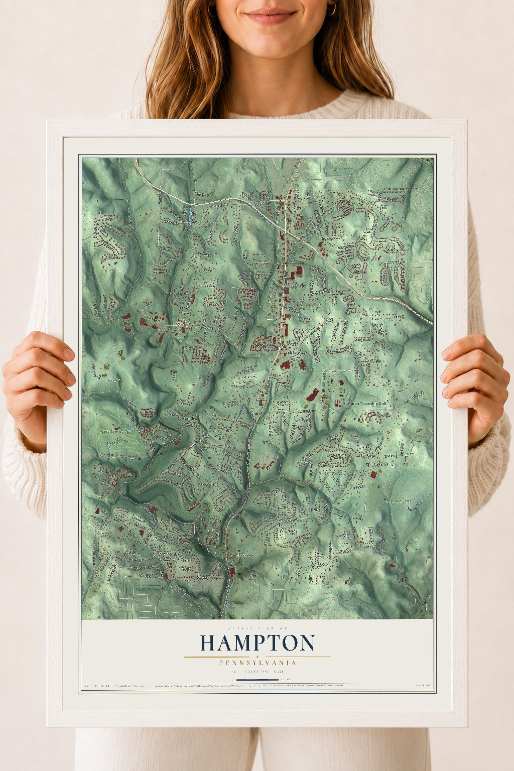Map of Hampton, Pennsylvania, 18 x 24 inch print in a white wood frame