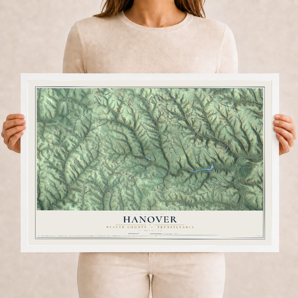 Map of Hanover, Beaver County, Pennsylvania, 12 x 18 inch print in a white wood frame