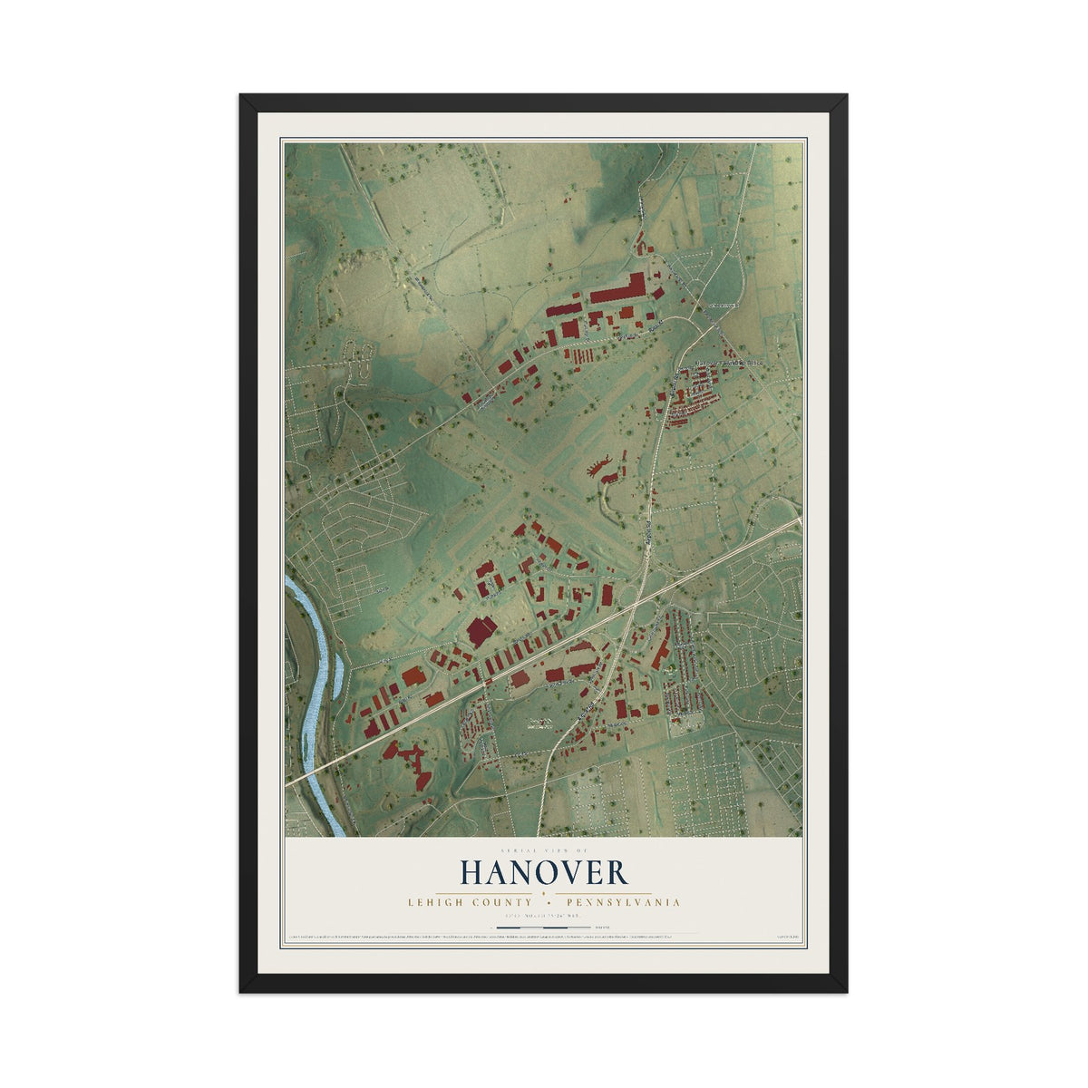 Map of Hanover, Lehigh County, Pennsylvania, 12 x 18 inch print in a black wood frame