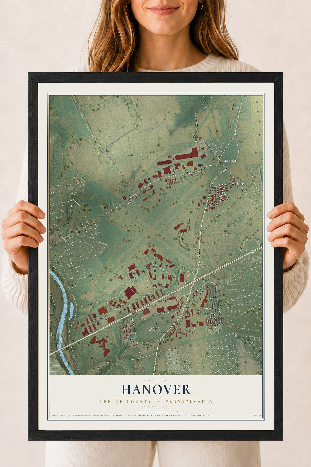 Map of Hanover, Lehigh County, Pennsylvania, 18 x 24 inch print in a black wood frame