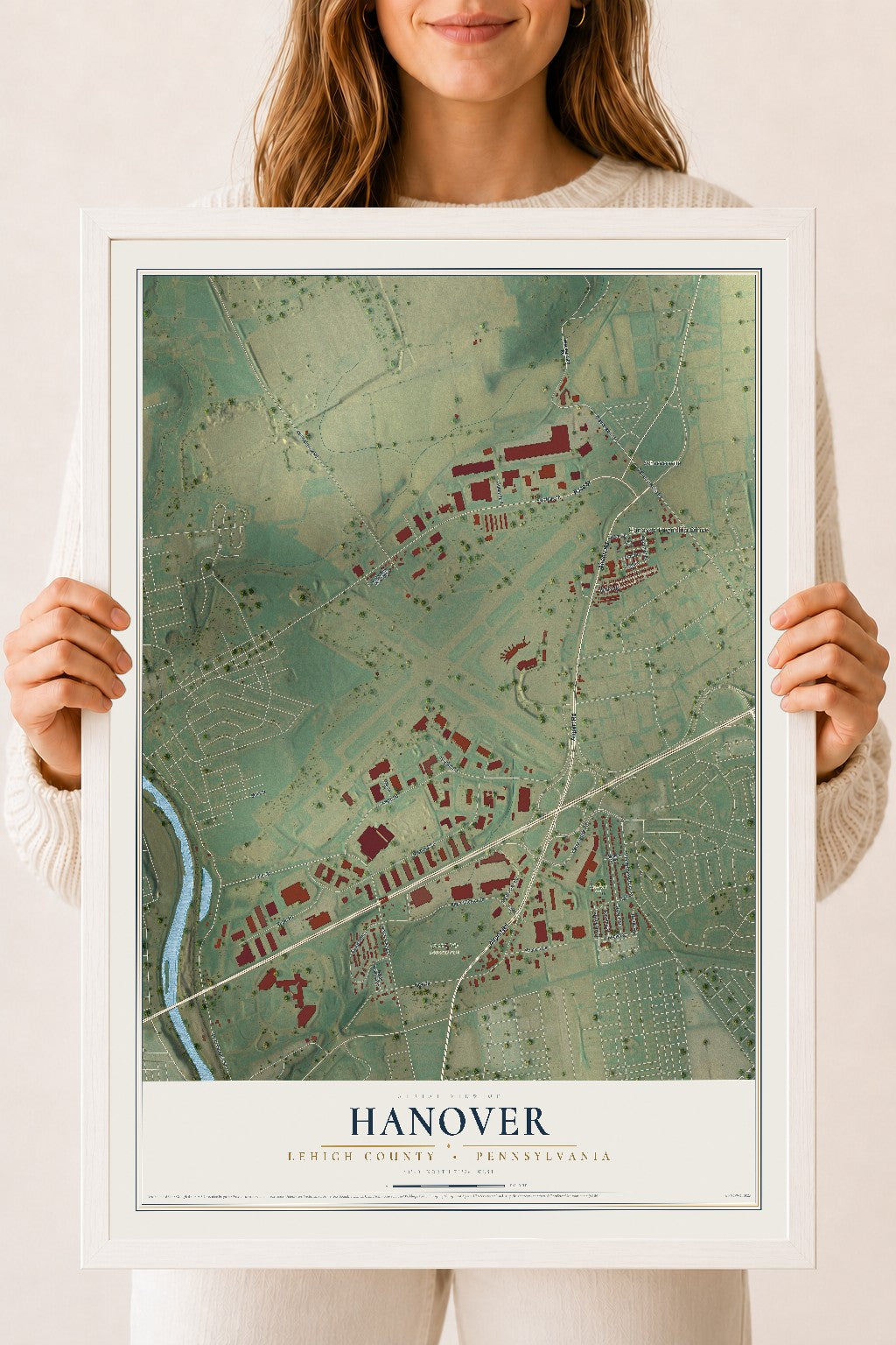 Map of Hanover, Lehigh County, Pennsylvania, 18 x 24 inch print in a white wood frame
