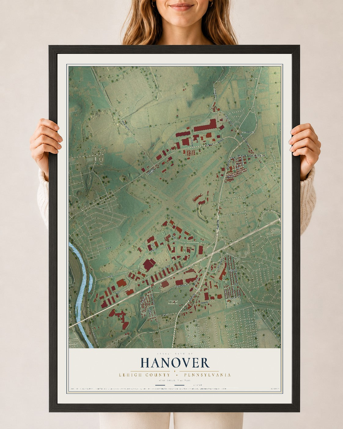 Map of Hanover, Lehigh County, Pennsylvania, 24 x 36 inch print in a black wood frame